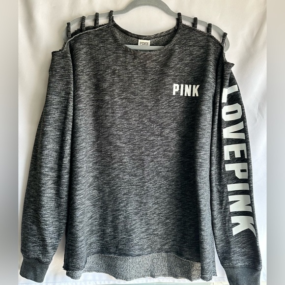 Victoria’s Secret PINK Small Gray Strappy Cold Shoulder Sweatshirt - Picture 1 of 8